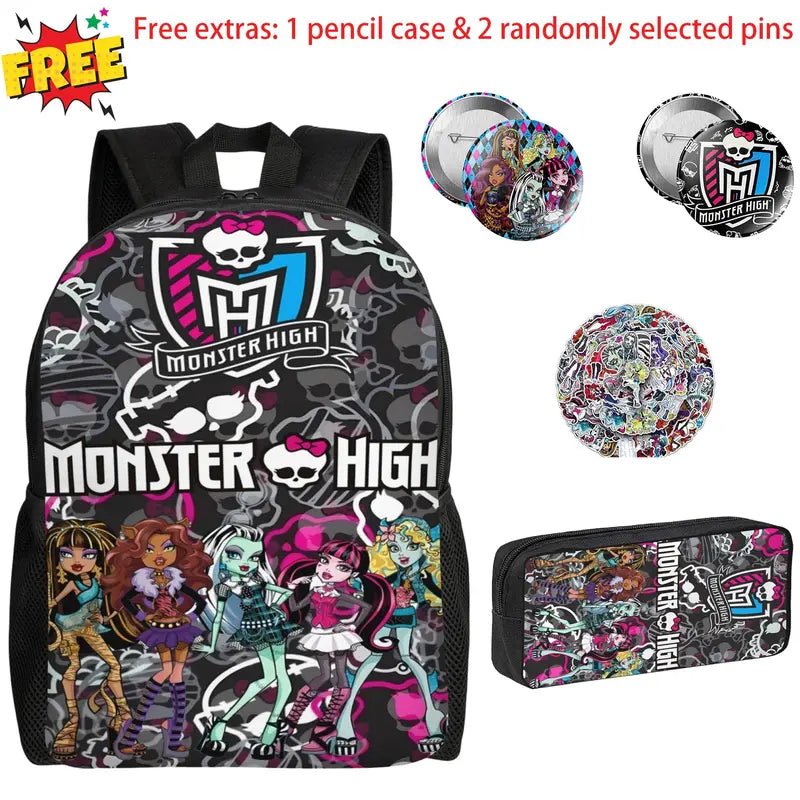 2Pcs Monster High Cartoon Print Backpack Set Unisex, 17 Inch Large Capacity Laptop Rucksack with Pencil Pouch, Spacious Student Bookbag for Middle High School, Ideal Birthday Festival Party Gifts