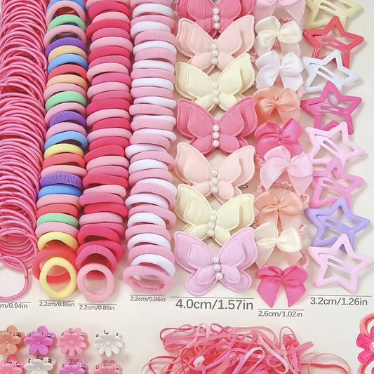 832-Piece Pink Hair Accessories Set for Girls, Cute Bow Hair Ties, Flower Hair Clips, Side Clips, Duckbill Clips, Claw Clips, Butterfly Design and Soft Hair Ties for Daily Hairstyles and Creative Styling