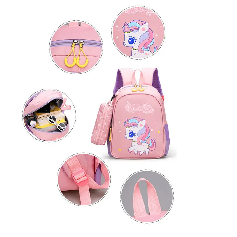 12-Inch Lightweight Kids Backpack Set with Pencil Pouch - Adjustable, Playful Look Study-Ready Bags (Pink Unicorn, Purple Dinosaur) for Back to School Haul, First Day of School