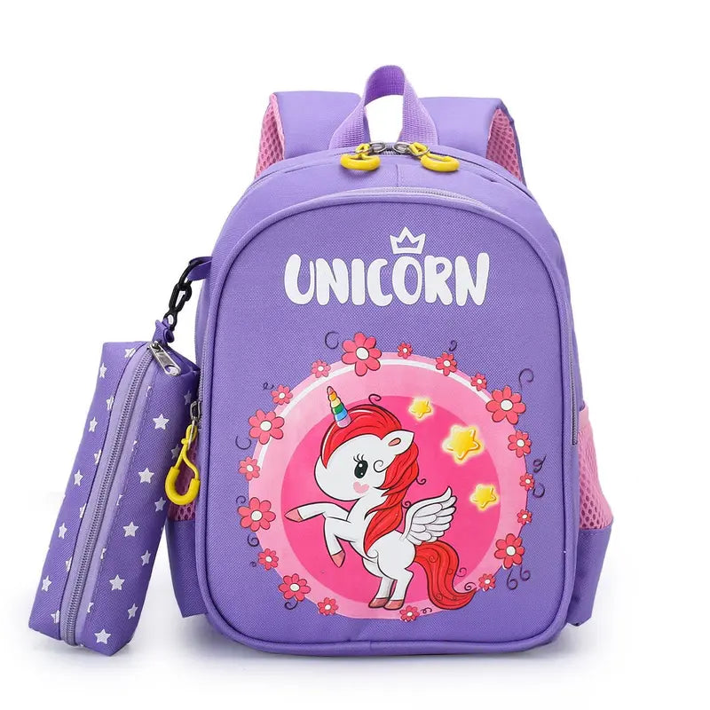 12-Inch Lightweight Kids Backpack Set with Pencil Pouch - Adjustable, Playful Look Study-Ready Bags (Pink Unicorn, Purple Dinosaur) for Back to School Haul, First Day of School
