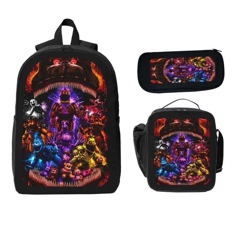 Five Nights At Freddys Backpack Set BackpackLunch Bag Pencil Case Anime FNAF Bookbag Kids Backpack Teen Backpack Travel Backpack Student Gamer Gift Back To School TikTok Viral Trendy Unisex Boys Girls Daily Carry, And Lunchbox Set Backpacks