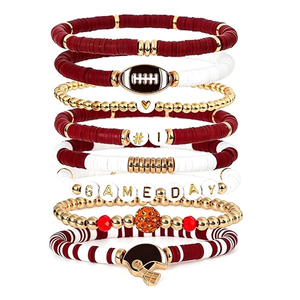 NZKNP 8 Pcs Game Day Bracelets for Women,Football Mom Accessories & Outfits Jewelry Gifts,Football Stackable Clay Beaded Stretch Bracelets,Sports Charm Bracelet Bangles