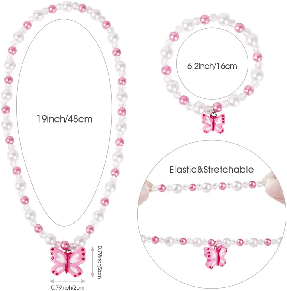 Msnailfly Butterfly Stretch Necklace & Bracelet Set, Girls' Butterfly Jewelry for Little Princesses (B)