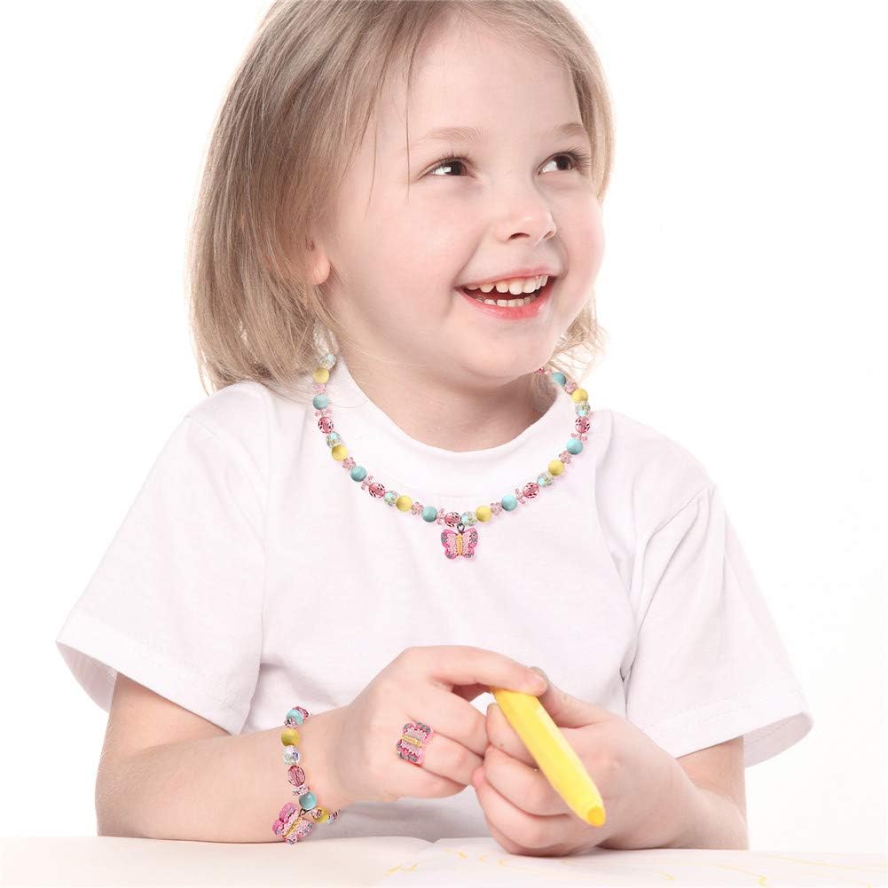 Msnailfly Butterfly Stretch Necklace Little Girl Toddler Necklace Bracelet Set, Little Princess Jewelry Kids Play Necklaces Butterfly Rings for Kids