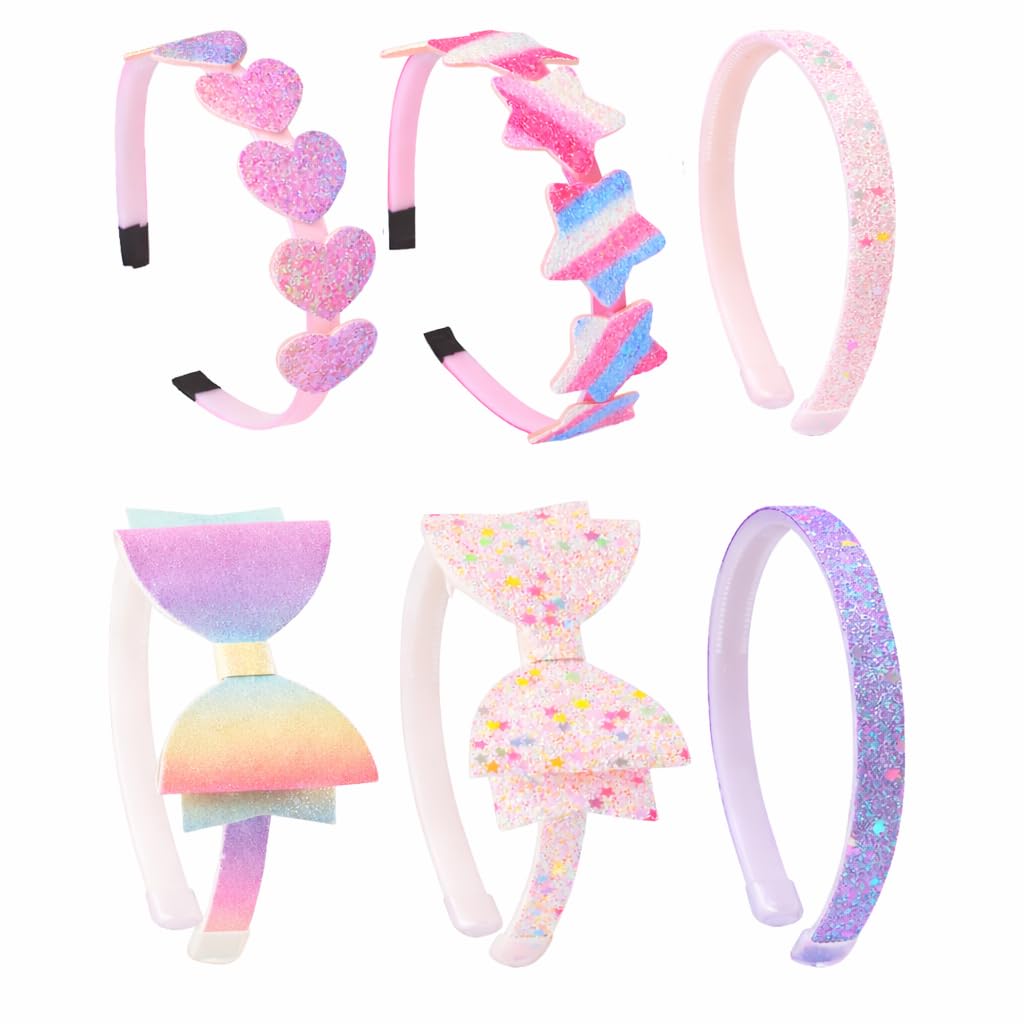 Girls Glitter Headbands, Sparkle Hair Accessories, 6 pack Fun Kids Fashion Head Band Pack, Cute Sparkle Headband Accessory Set - Sparkle Heart Star and Bow, Kids (Stocking Stuffers)