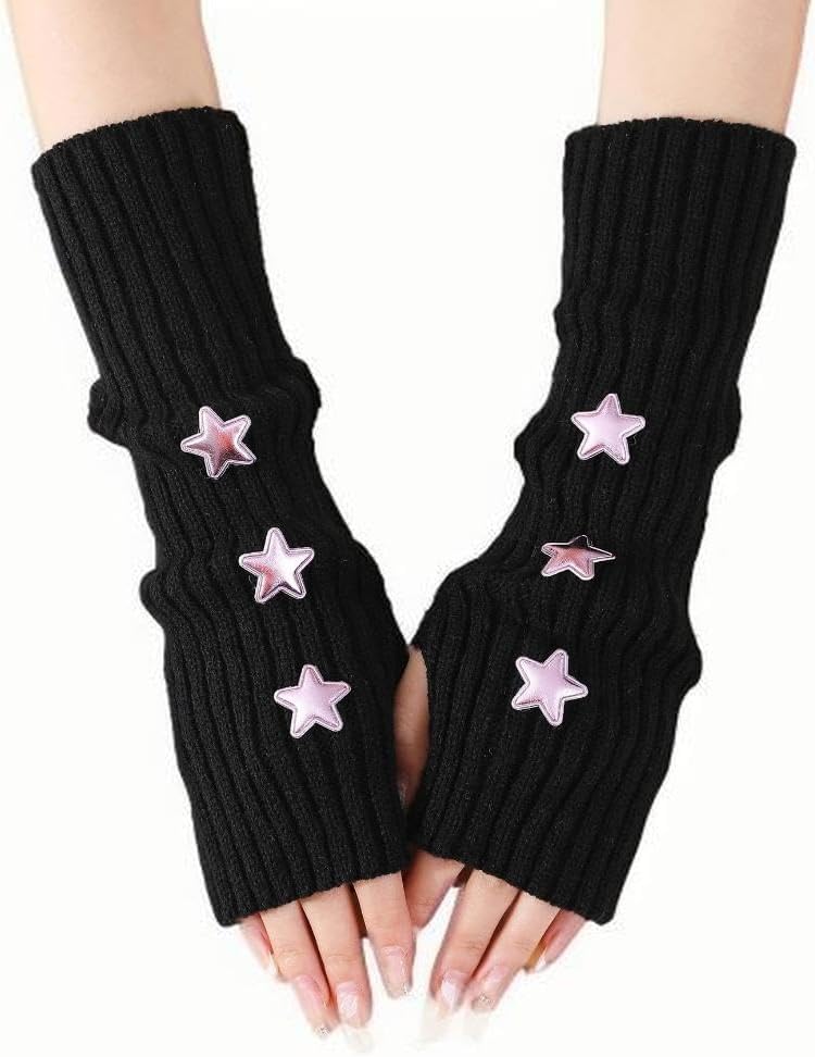 Marrywindix Cute Arm Warmers Y2K Knitted Star Arm Cover Fingerless Gothic Fingerless Glove Punk Winter Glove for Women Girls
