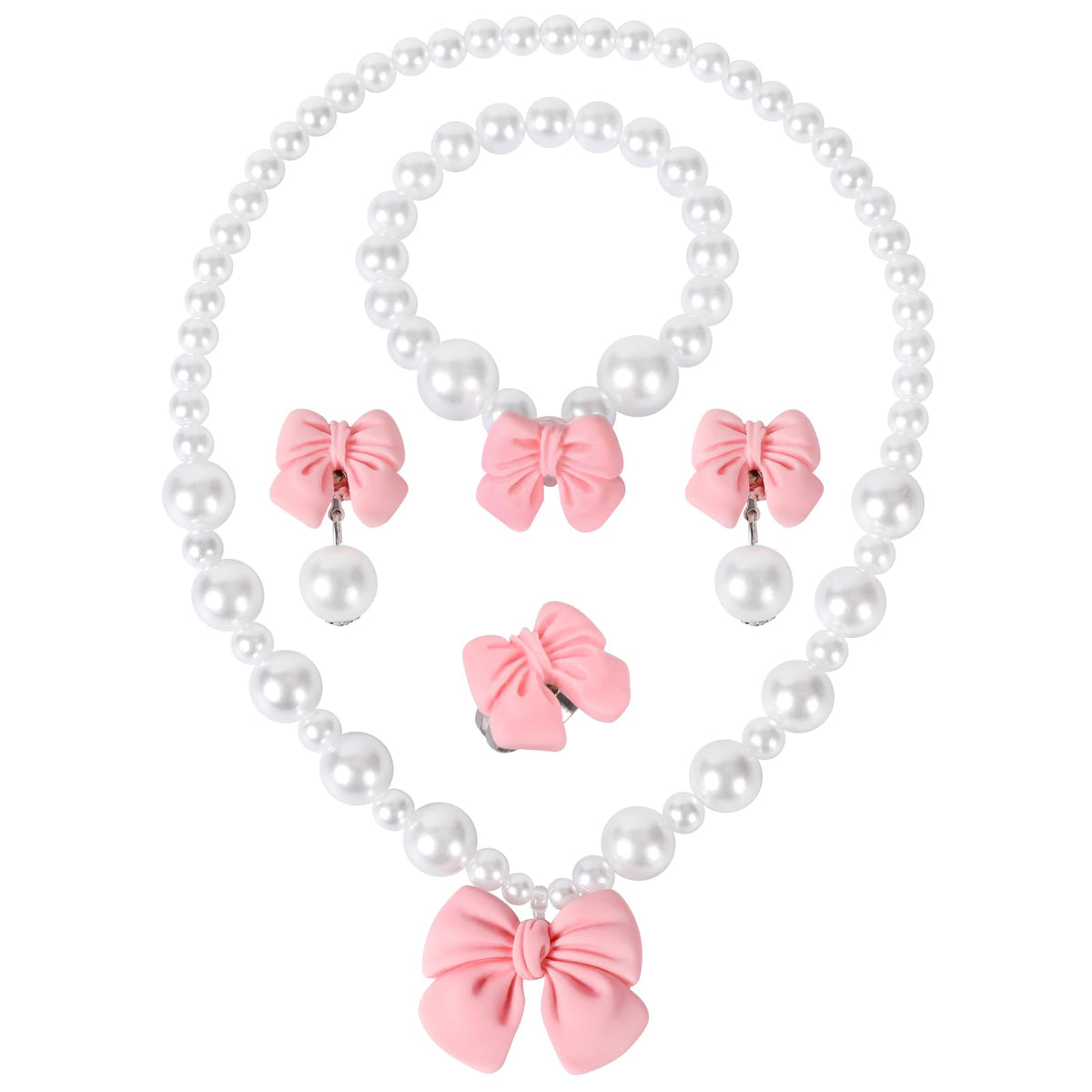 Princess Jewelry for Little Girls, Handmade Bow Pearl Kids Jewelry Set, Stretch Necklace Bracelets Rings and Clip on Earrings, Perfect for Dress Up, Birthday Parties, and Costume Play
