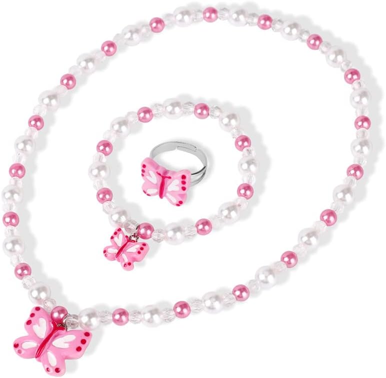 Msnailfly Butterfly Stretch Necklace & Bracelet Set, Girls' Butterfly Jewelry for Little Princesses (B)