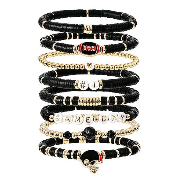 NZKNP 8 Pcs Game Day Bracelets for Women,Football Mom Accessories & Outfits Jewelry Gifts,Football Stackable Clay Beaded Stretch Bracelets,Sports Charm Bracelet Bangles