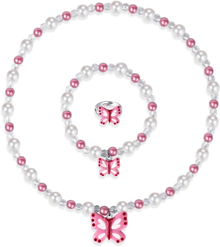 Msnailfly Butterfly Stretch Necklace & Bracelet Set, Girls' Butterfly Jewelry for Little Princesses (B)
