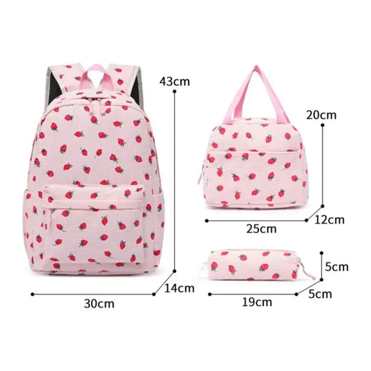 Kids' 3-Piece School Style Backpack Set - Corduroy Strawberry Graphic, Spacious No-Wheels Bag with Lunch Box (Lunch Stays Fresh) & Pencil Pouch for Elementary School Daily Use