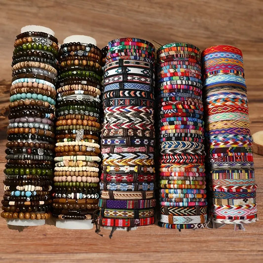72pcs Handmade Unisex Bohemian Bracelets - Wooden Bead Stretch Adjustable Bangle Set, Boho Style Accessories, Casual Stacking Fashion Jewelry for Daily Wear, Handmade Accessories, Bohemian Bracelets & Bangles