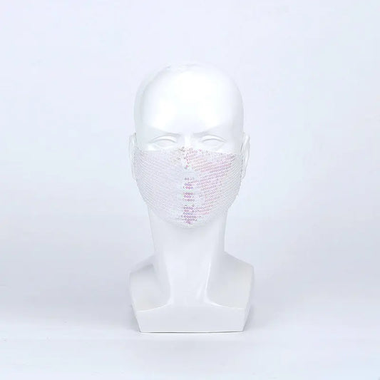 Unisex 5-Pack White Sequined Cotton Protective Masks, Safety Reusable Daily Wear Face Coverings with Ear Loops, Fancy Look Fashion Face Mask Accessories