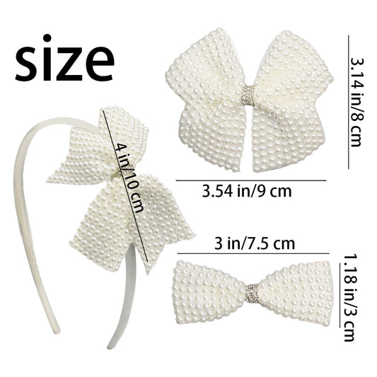 Baby Girls Pearl Beaded Hair Bow Headband and Clips Set, Rhinestone Hair Accessories Gift 4Pcs Set for Toddlers Teens School Girls (pearlseries)