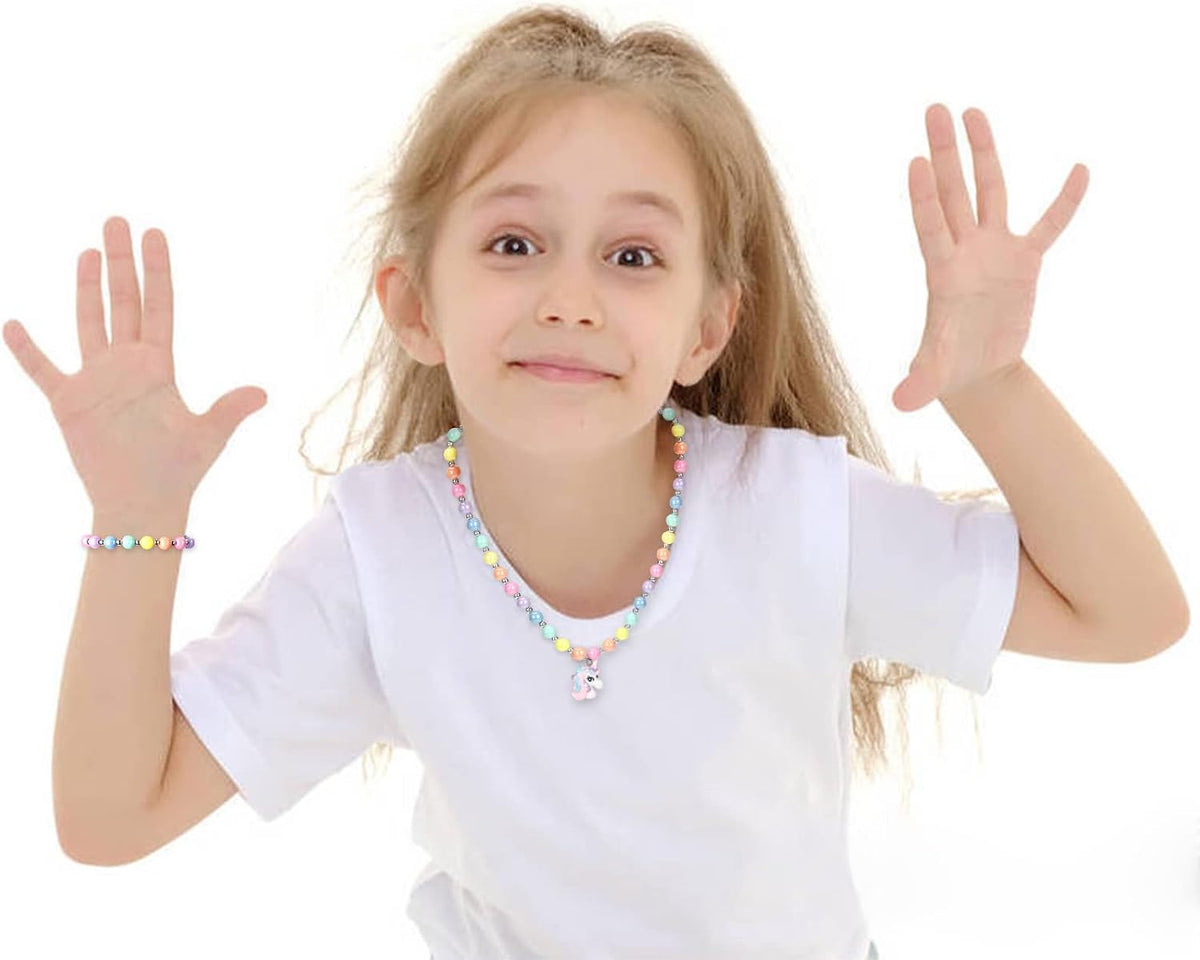 Msnailfly Unicorn Stretch Necklace Little Girl Toddler Necklace Bracelet Set, Little Princess Jewelry Accessories Favors Bags for Girls (2)