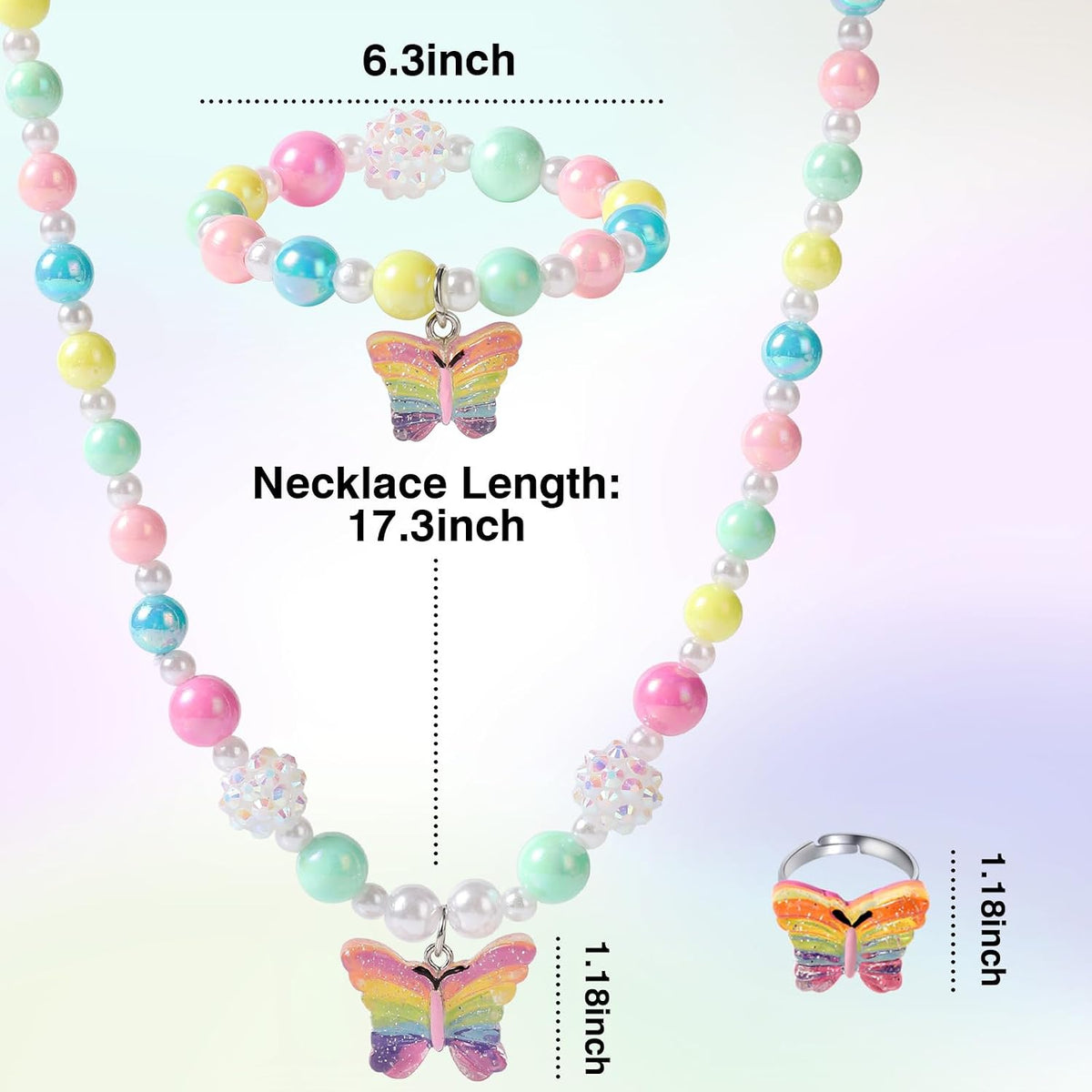 Girls Crystal Butterfly Jewelry Set - Toddler Butterfly Necklace Girls Pretend Plasy Toy Jewelry Set with Bead Necklace, Bracelet and Ring - Play Accessories - Ages 3+ Girl Birthday Gifts-Style 1