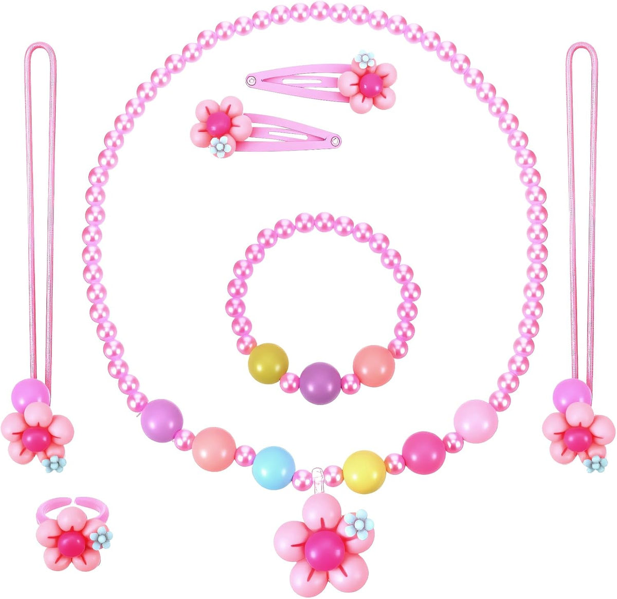 Pink Flower Toddler Jewelry Set, Play Jewelry for Toddlers 1-3, Includes Beaded Necklace Bracelet Hair Clips Rings for Princess Dress-Up Birthday Gift Age 2 4 6 8