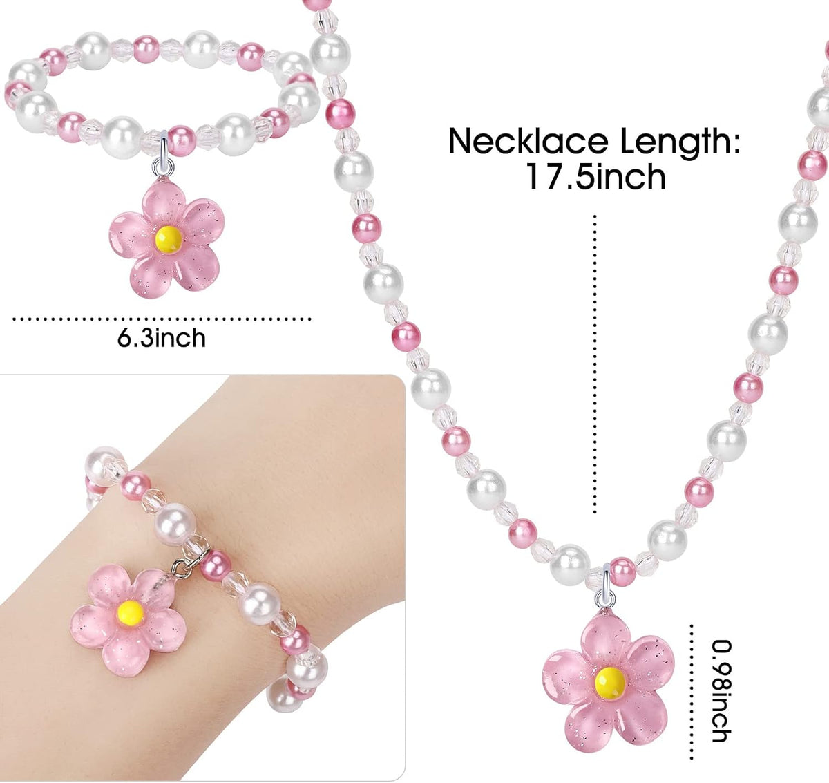 BGSHEMNI Girls Flower Jewelry Set - Toddler Dress up 5 Piece Pretend Plasy Toy Jewelry Box Set with Bead Necklace, Bracelet Ring and Hair Clips - Play Accessories - Ages 3+ Girl Birthday Gifts