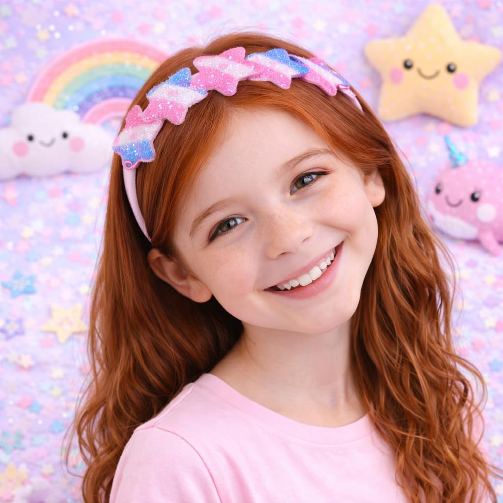 Girls Glitter Headbands, Sparkle Hair Accessories, 6 pack Fun Kids Fashion Head Band Pack, Cute Sparkle Headband Accessory Set - Sparkle Heart Star and Bow, Kids (Stocking Stuffers)