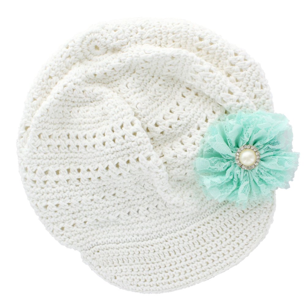 My Lello Little Girl's Newsboy Crochet Beanie Hat with Vintage Lace/Tulle Flower
