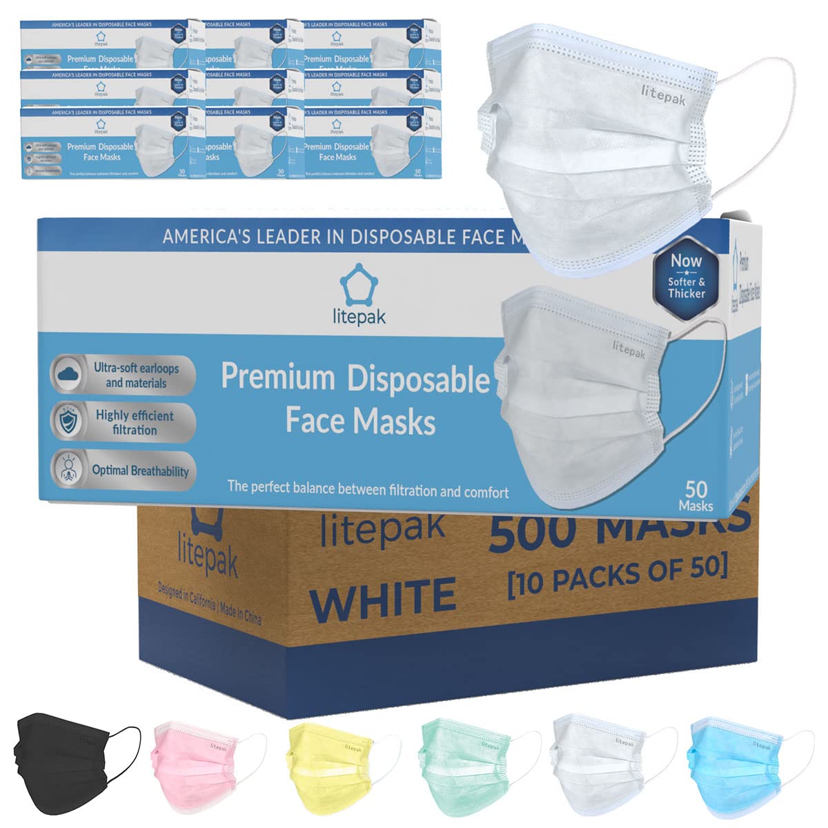 Litepak 500pcs Premium Disposable Face Mask SOFT 3ply Nose Wire