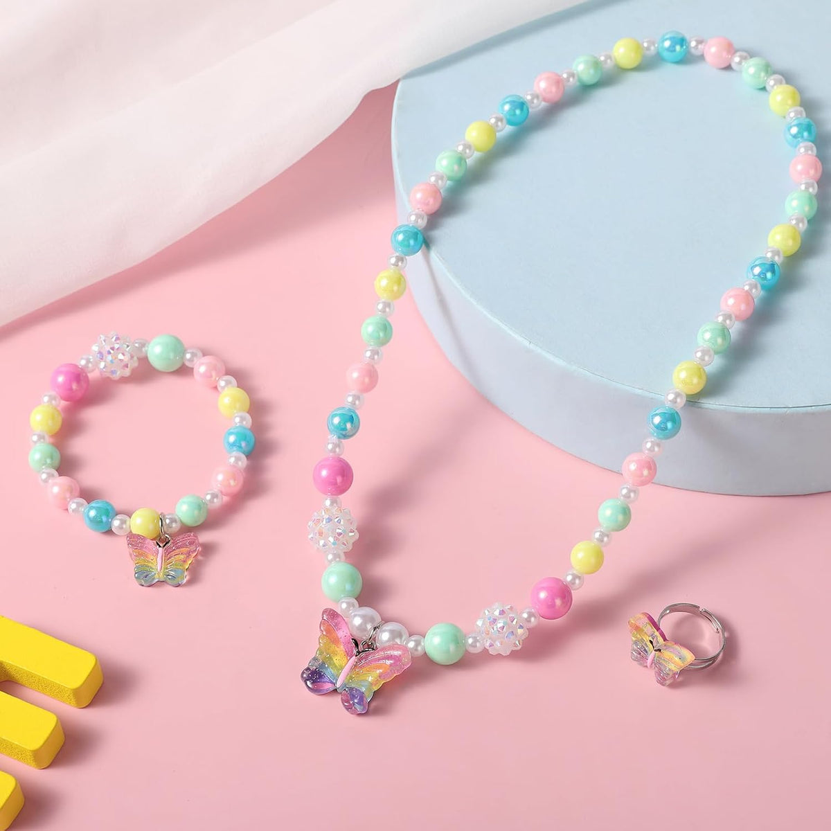 Girls Crystal Butterfly Jewelry Set - Toddler Butterfly Necklace Girls Pretend Plasy Toy Jewelry Set with Bead Necklace, Bracelet and Ring - Play Accessories - Ages 3+ Girl Birthday Gifts-Style 1