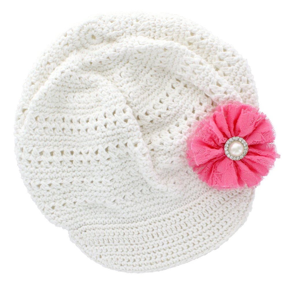 My Lello Little Girl's Newsboy Crochet Beanie Hat with Vintage Lace/Tulle Flower