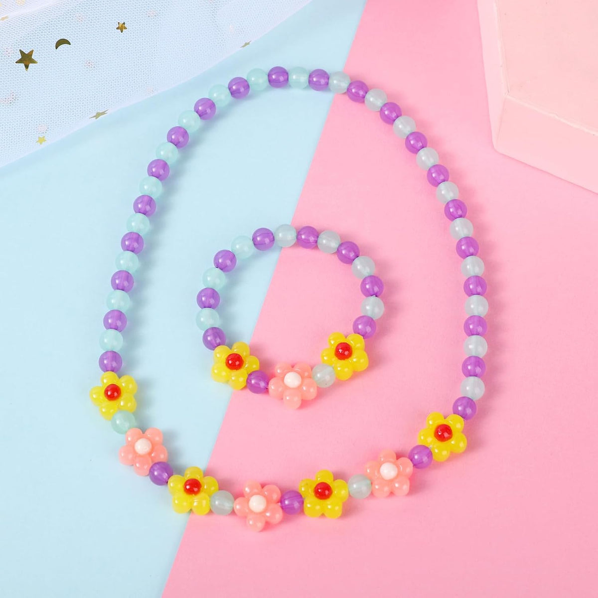 Girls Jewelry Set - Cute Flower Beads Necklace Bracelet-Toddler Girls Flower Jewelry - Stretchy Chunky Costume Jewelry Present Toy-Yellow