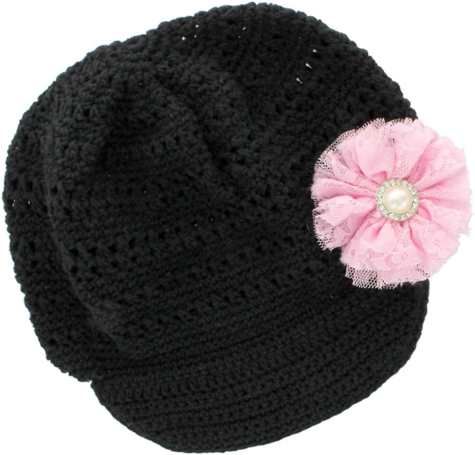 My Lello Little Girl's Newsboy Crochet Beanie Hat with Vintage Lace/Tulle Flower