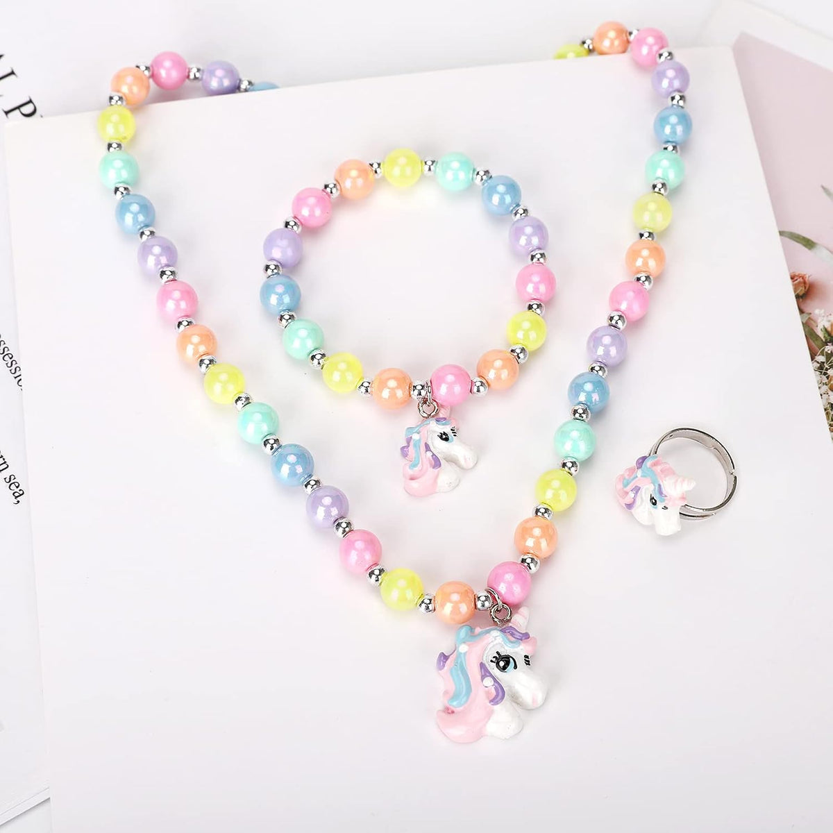 Msnailfly Unicorn Stretch Necklace Little Girl Toddler Necklace Bracelet Set, Little Princess Jewelry Accessories Favors Bags for Girls (2)