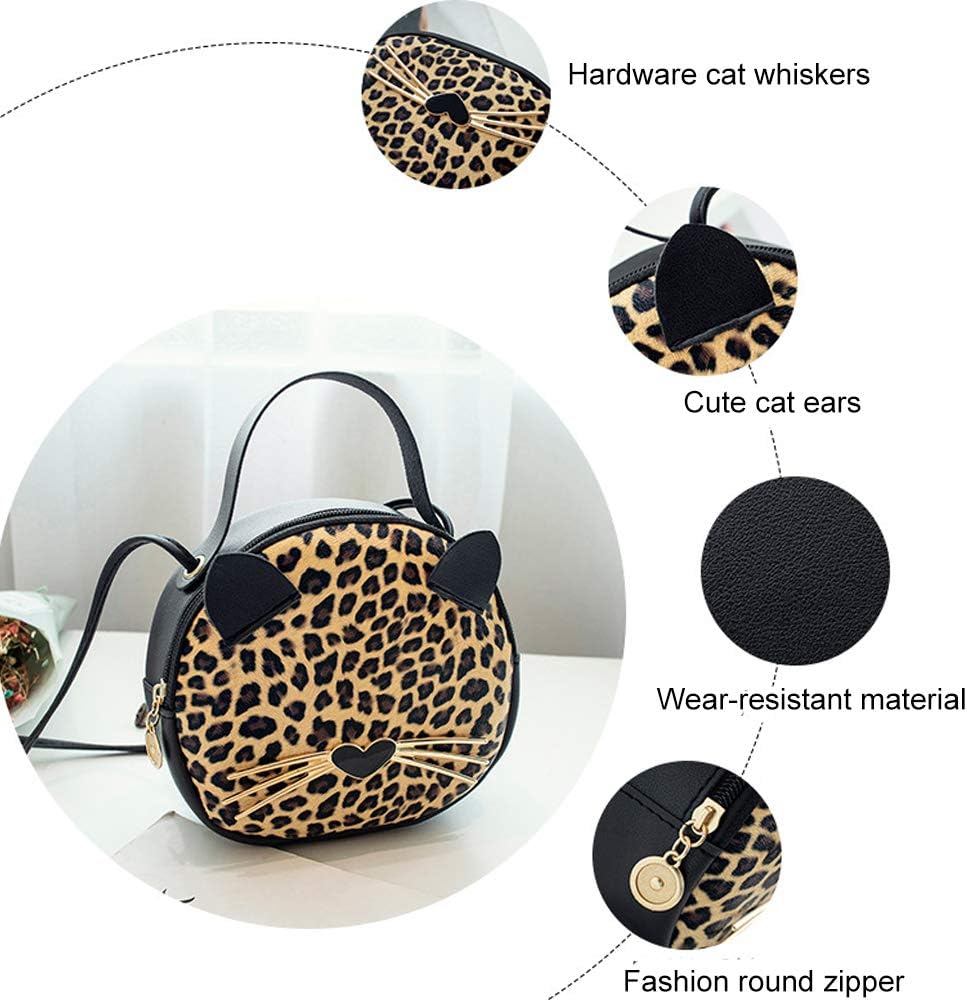 Cute Cat Purse Leopard Crossbody Bag Mini Shoulder Bag Handbags for Kids Women Teens Girls (Brown)