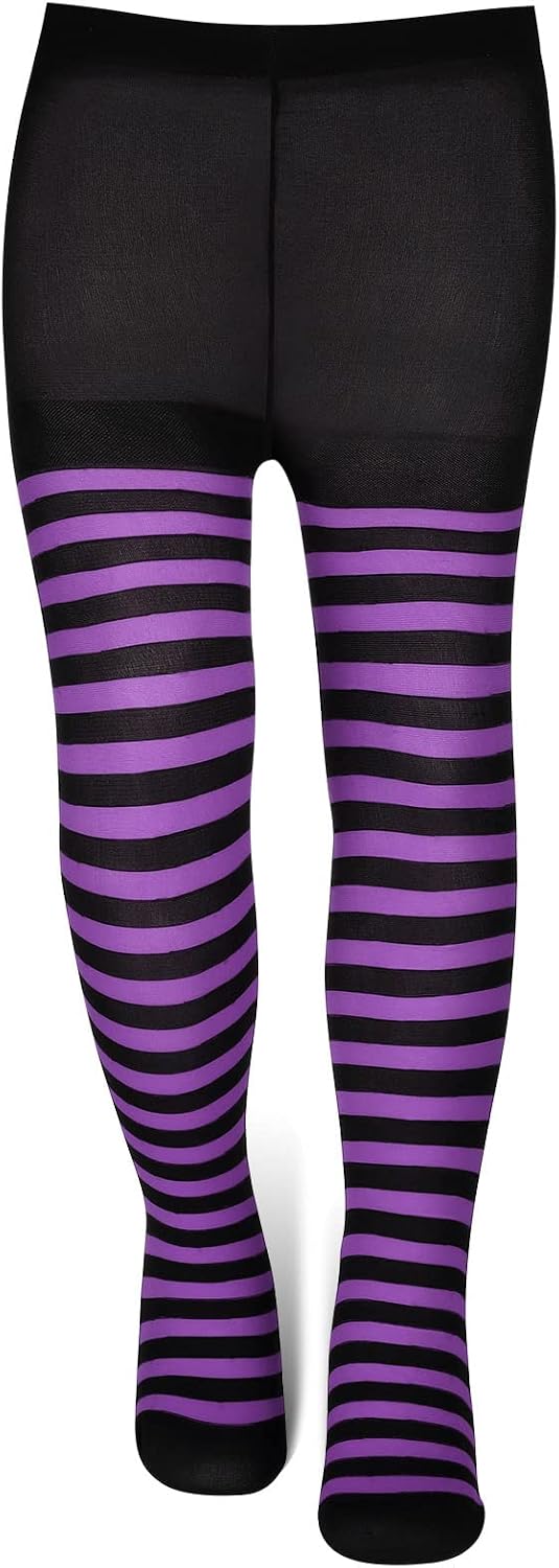 Tarpop Halloween Witch Tights Purple Black Striped for Girls Age 6-12