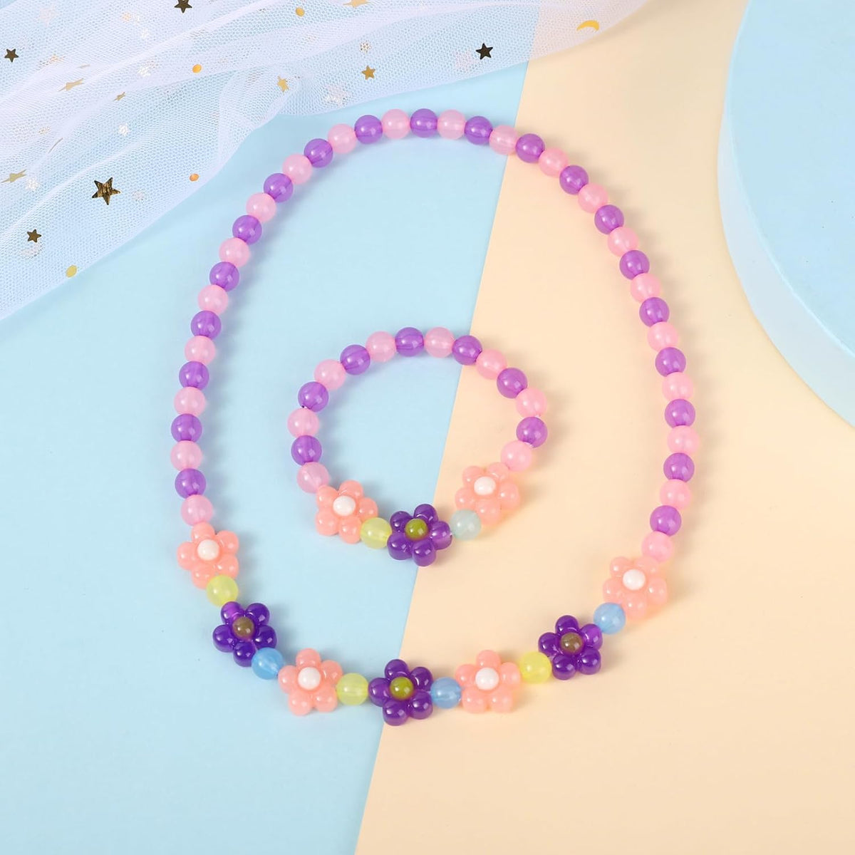 Girls Jewelry Set - Cute Flower Beads Necklace Bracelet-Toddler Girls Flower Jewelry - Stretchy Chunky Costume Jewelry Present Toy-Purple