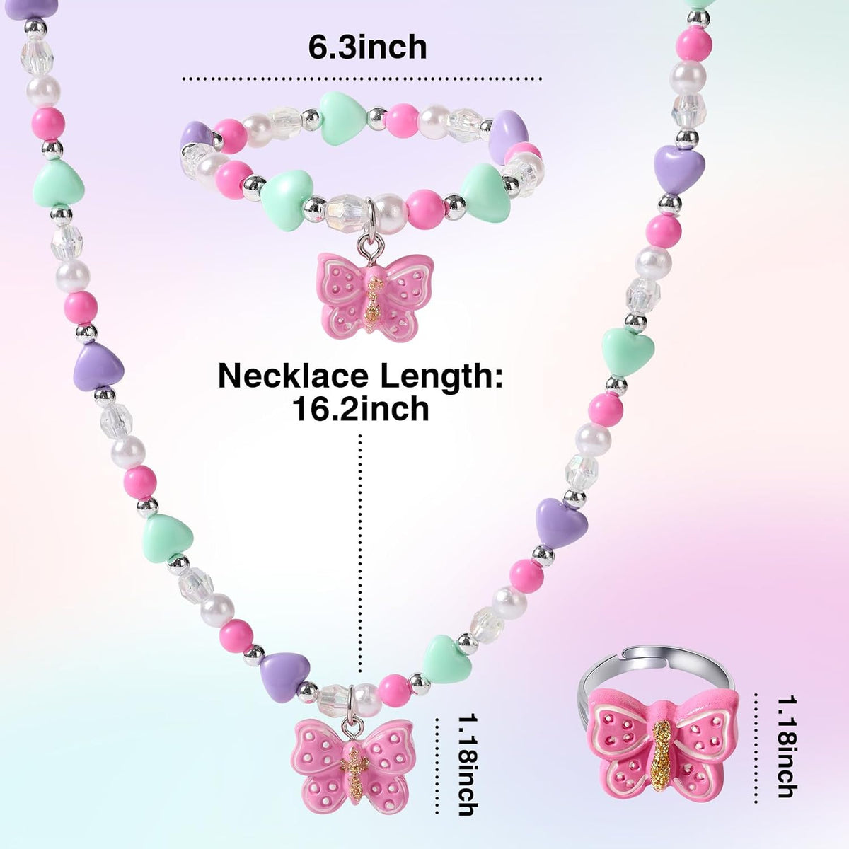 Girls Colorful Butterfly Jewelry Set - Toddler Butterfly Necklace Girls Pretend Plasy Toy Jewelry Box Set with Bead Necklace, Bracelet and Ring - Play Accessories - Ages 3+ Girl Birthday Gifts-Style 2