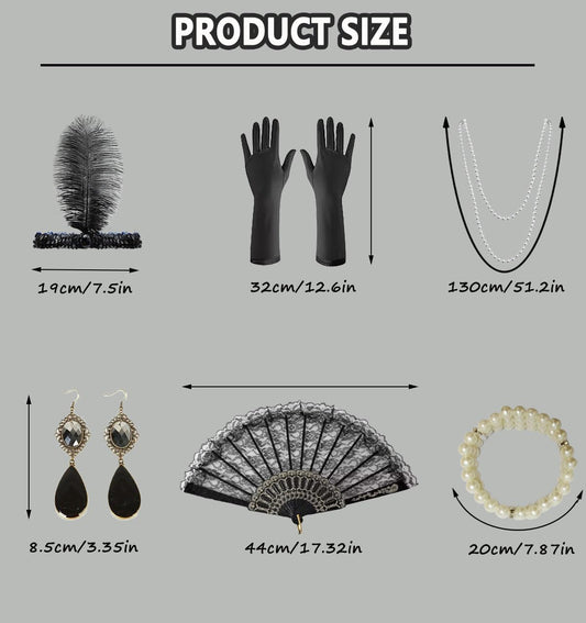 6 Pcs Girl's Fashion Flapper Dresses Costume Set Roaring 1920s Flapper Dresses Accessories Includes Feather Headband Gloves Fan and Pearl Decorations for Halloween Children Birthday Party Favor Gifts