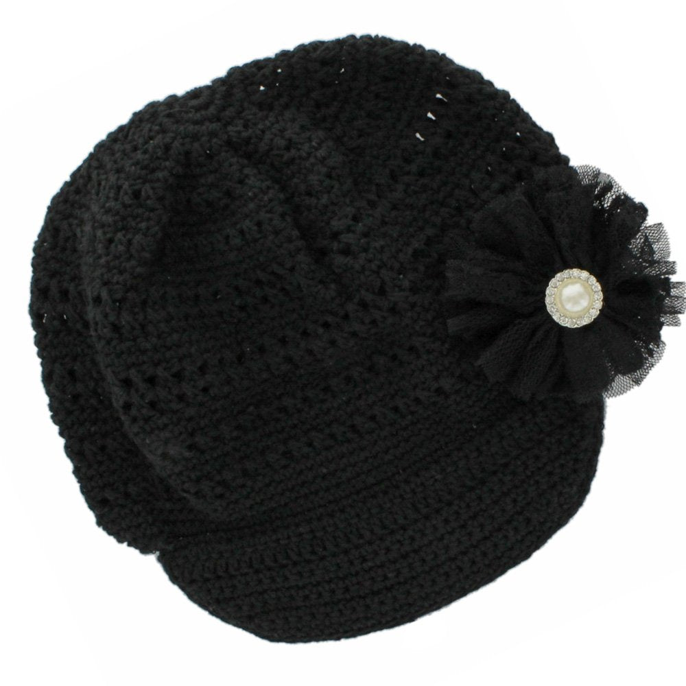My Lello Little Girl's Newsboy Crochet Beanie Hat with Vintage Lace/Tulle Flower