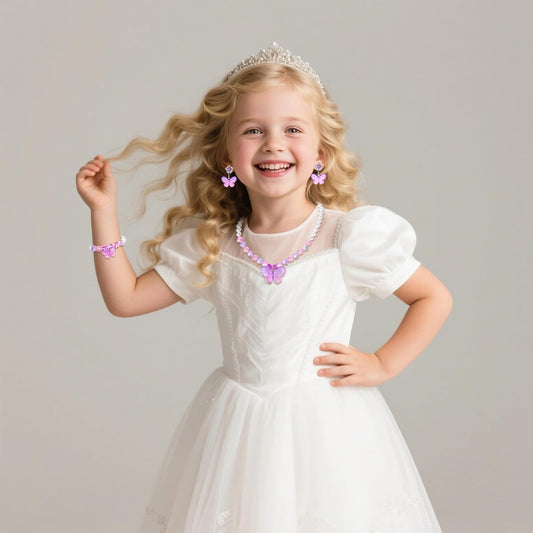 2 Sets Princess Jewelry for Little Girls, Butterfly Kids Jewelry Set, Stretch Necklace Bracelets, Rings and Clip on Earrings Perfect for Dress Up, Birthday Parties