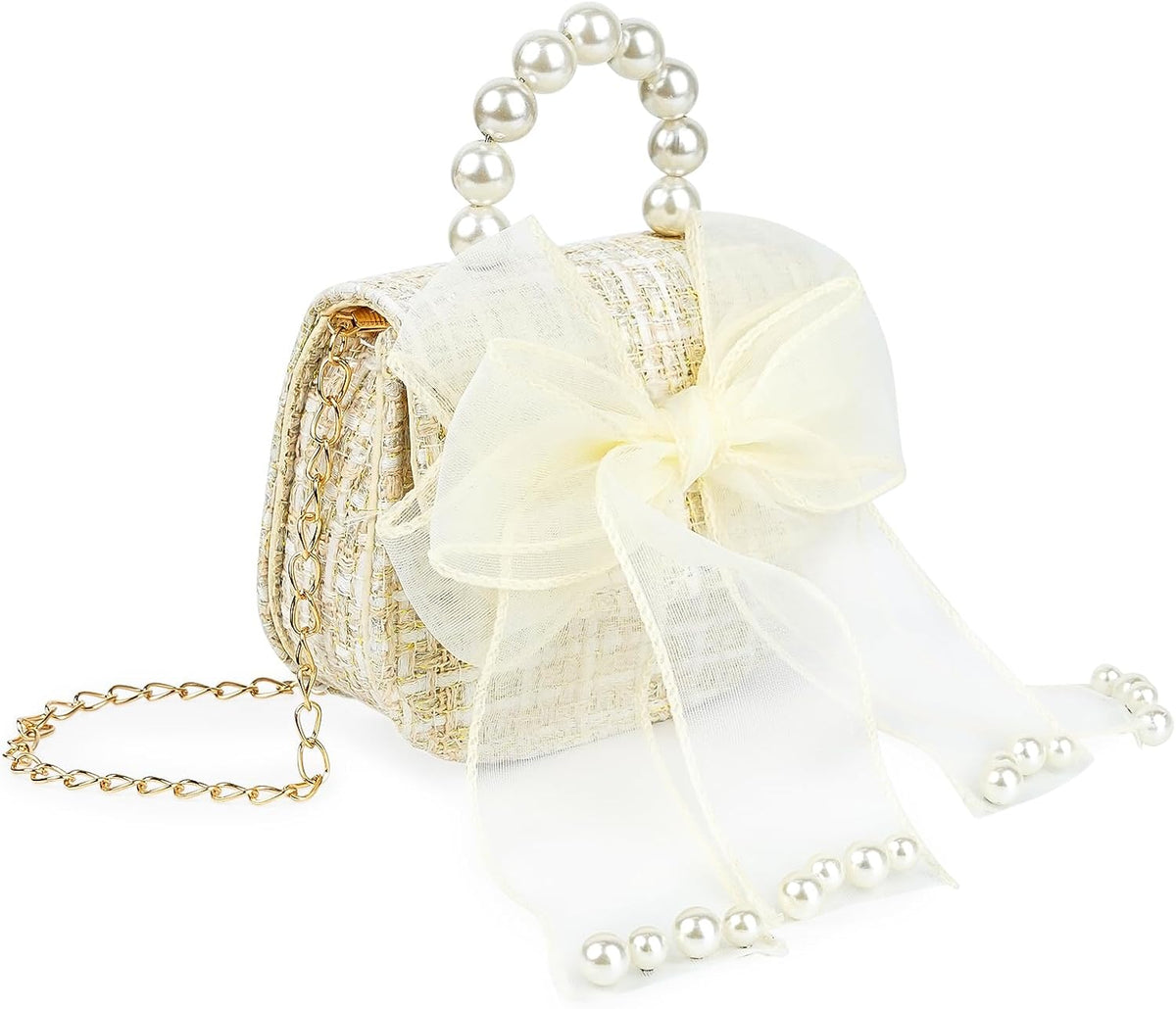 Cute Crossboby Purse with Bowknot Shoulder Bag for Little Girls, Girls Kids Fashion Handbags with Pearl Handle