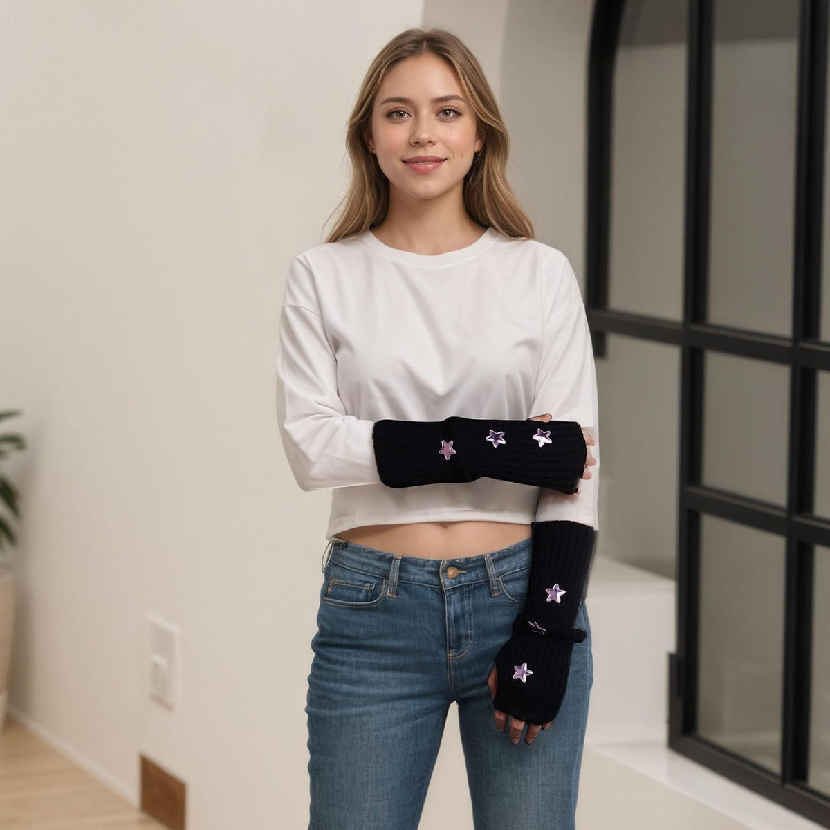 Marrywindix Cute Arm Warmers Y2K Knitted Star Arm Cover Fingerless Gothic Fingerless Glove Punk Winter Glove for Women Girls