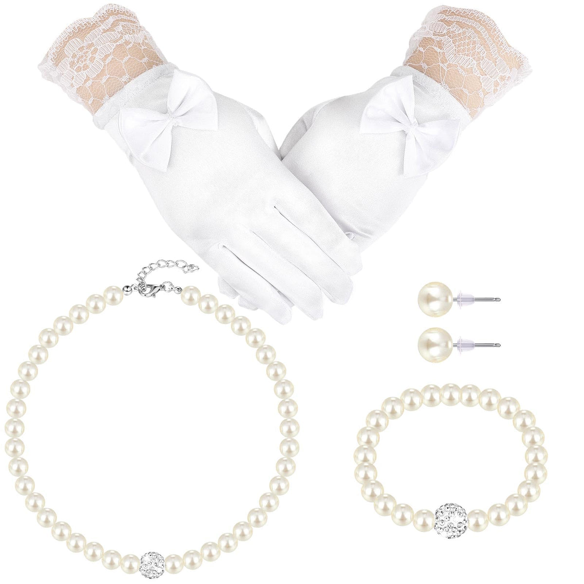 Geyoga 4 Pcs Pearl Necklace Set for Little Girls Toddler Girls Jewelry Communion Gloves for Kids Christmas Tea Party Wedding