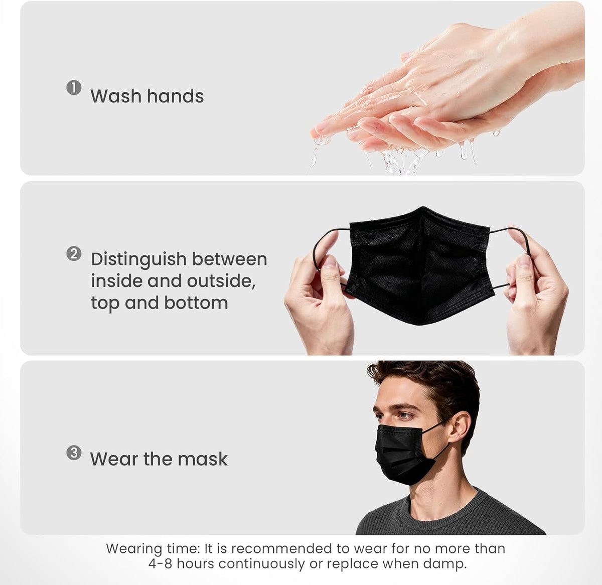 Disposable Face Masks 100 Pack, 3-Ply Breathable Masks with Soft Comfortable Earloops, Adjustable Nose Clip for Office, Travel, School & Public Use, Black