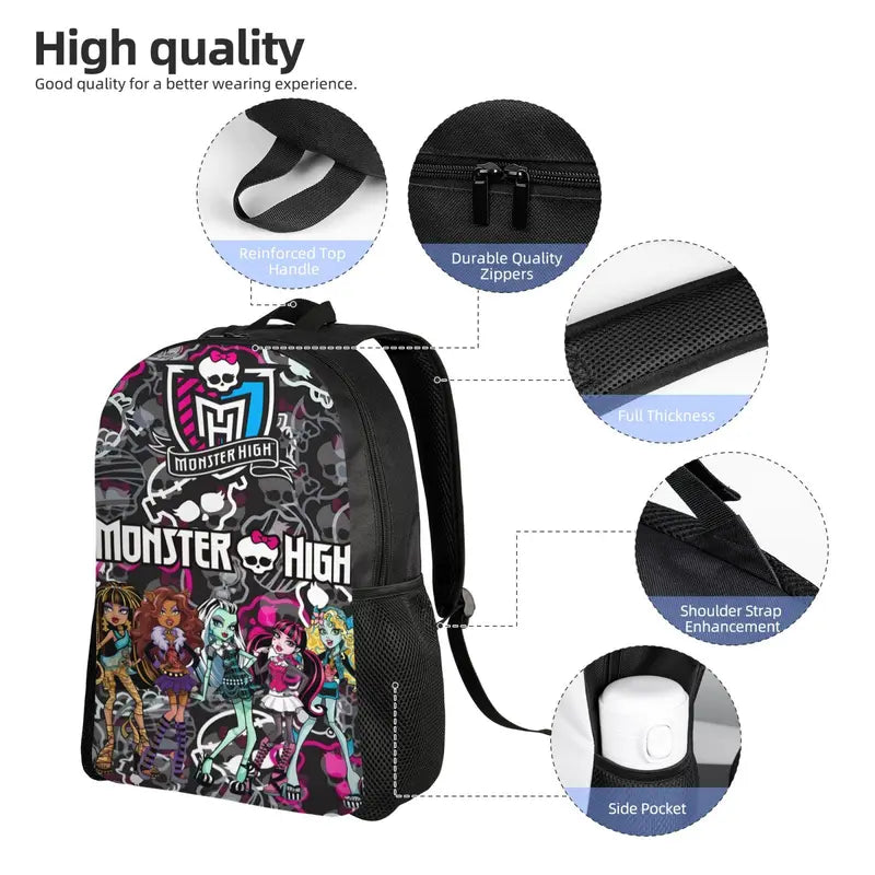 2Pcs Monster High Cartoon Print Backpack Set Unisex, 17 Inch Large Capacity Laptop Rucksack with Pencil Pouch, Spacious Student Bookbag for Middle High School, Ideal Birthday Festival Party Gifts