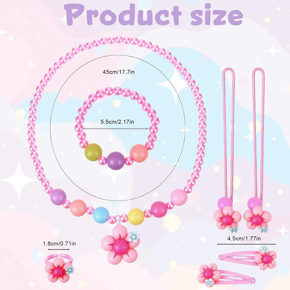 Pink Flower Toddler Jewelry Set, Play Jewelry for Toddlers 1-3, Includes Beaded Necklace Bracelet Hair Clips Rings for Princess Dress-Up Birthday Gift Age 2 4 6 8