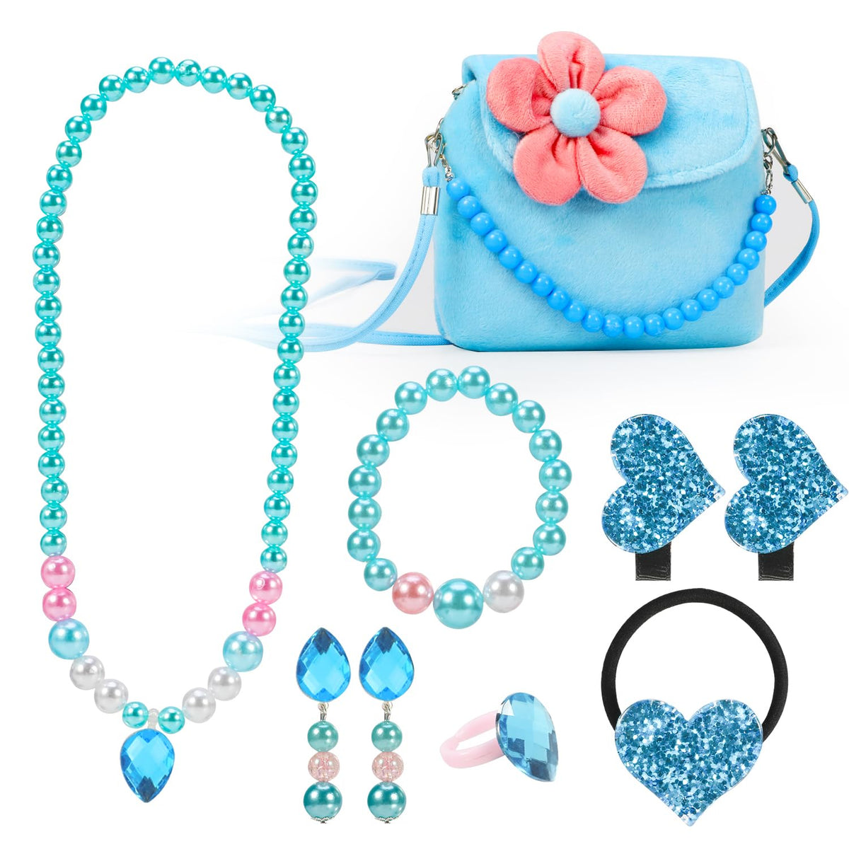 Hifot Kids Jewelry Little Girls Plush Handbag Necklace Bracelet Earrings Ring Hair Clips Set, Princess Costume Jewelry Party Favors Gift for Dress up Pretend Play (3-8 Years)