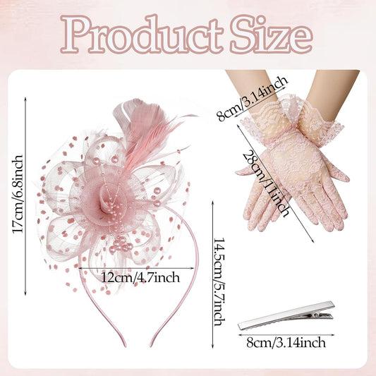 Yolyoo Tea Gathering Set Fascinators Hat with Pearl Necklace Earring Jewelry Lace Gloves for Wedding Tea Accessories