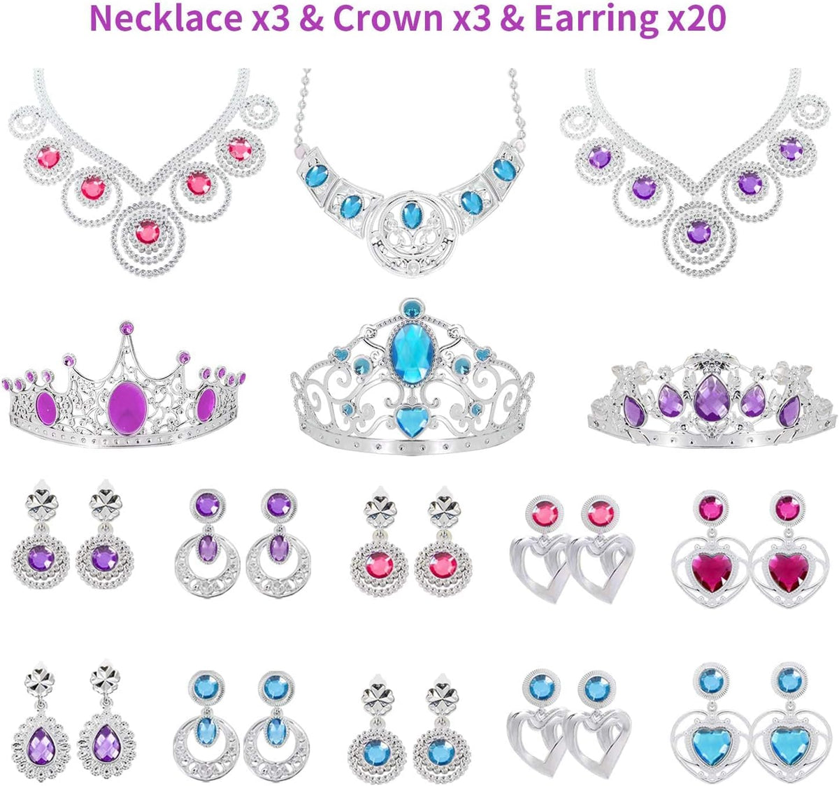 NINAOR 56 Pack Princess Jewelry for Girls Princess Dress Up Accessories Kids Play Jewelry for Girls Included Crown Wand Necklace Bracelet Rings Earrings Great as Princess Party Decoration