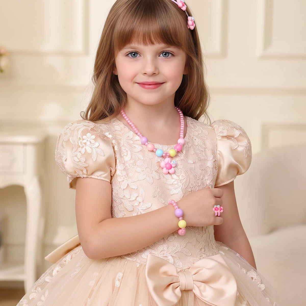 Pink Flower Toddler Jewelry Set, Play Jewelry for Toddlers 1-3, Includes Beaded Necklace Bracelet Hair Clips Rings for Princess Dress-Up Birthday Gift Age 2 4 6 8