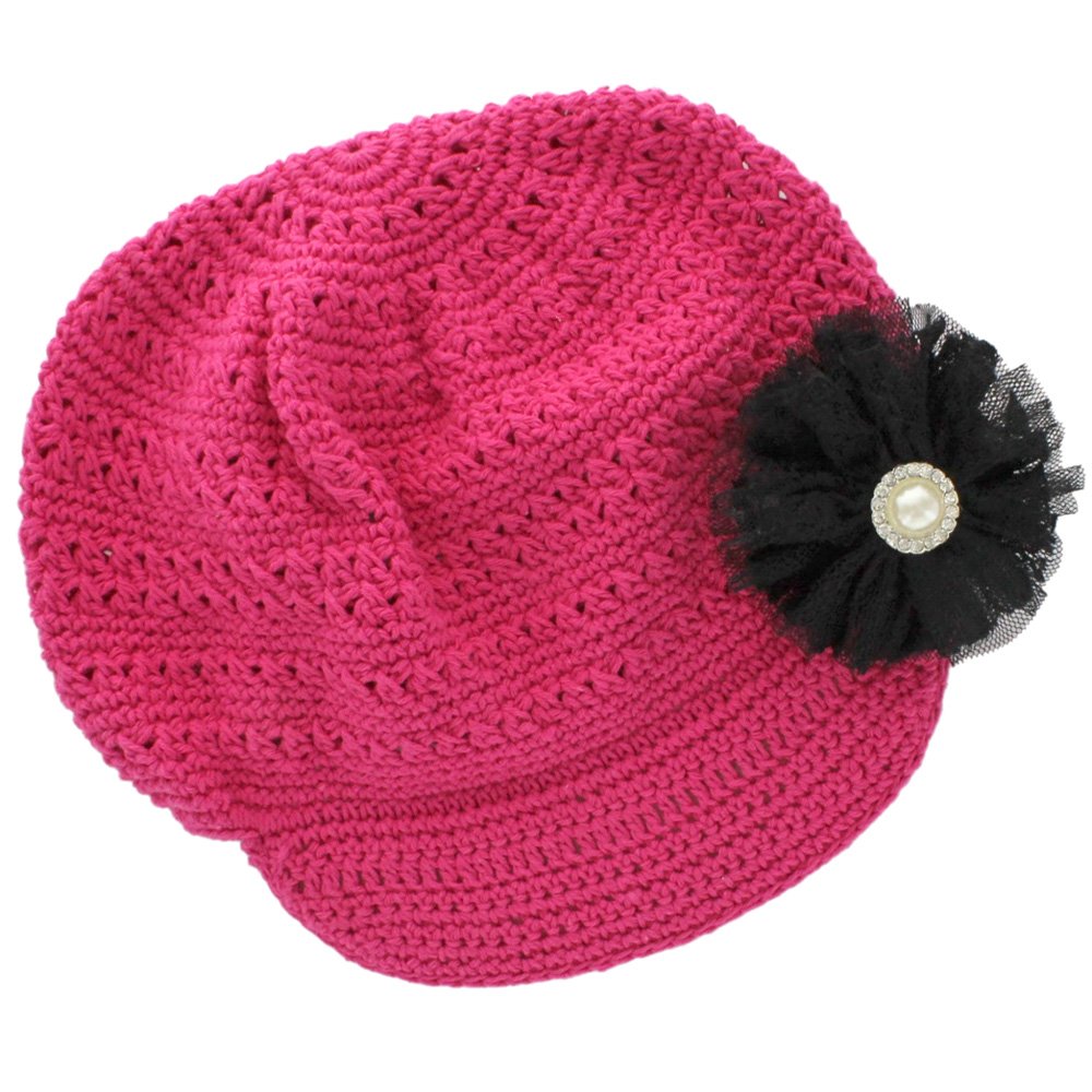 My Lello Little Girl's Newsboy Crochet Beanie Hat with Vintage Lace/Tulle Flower