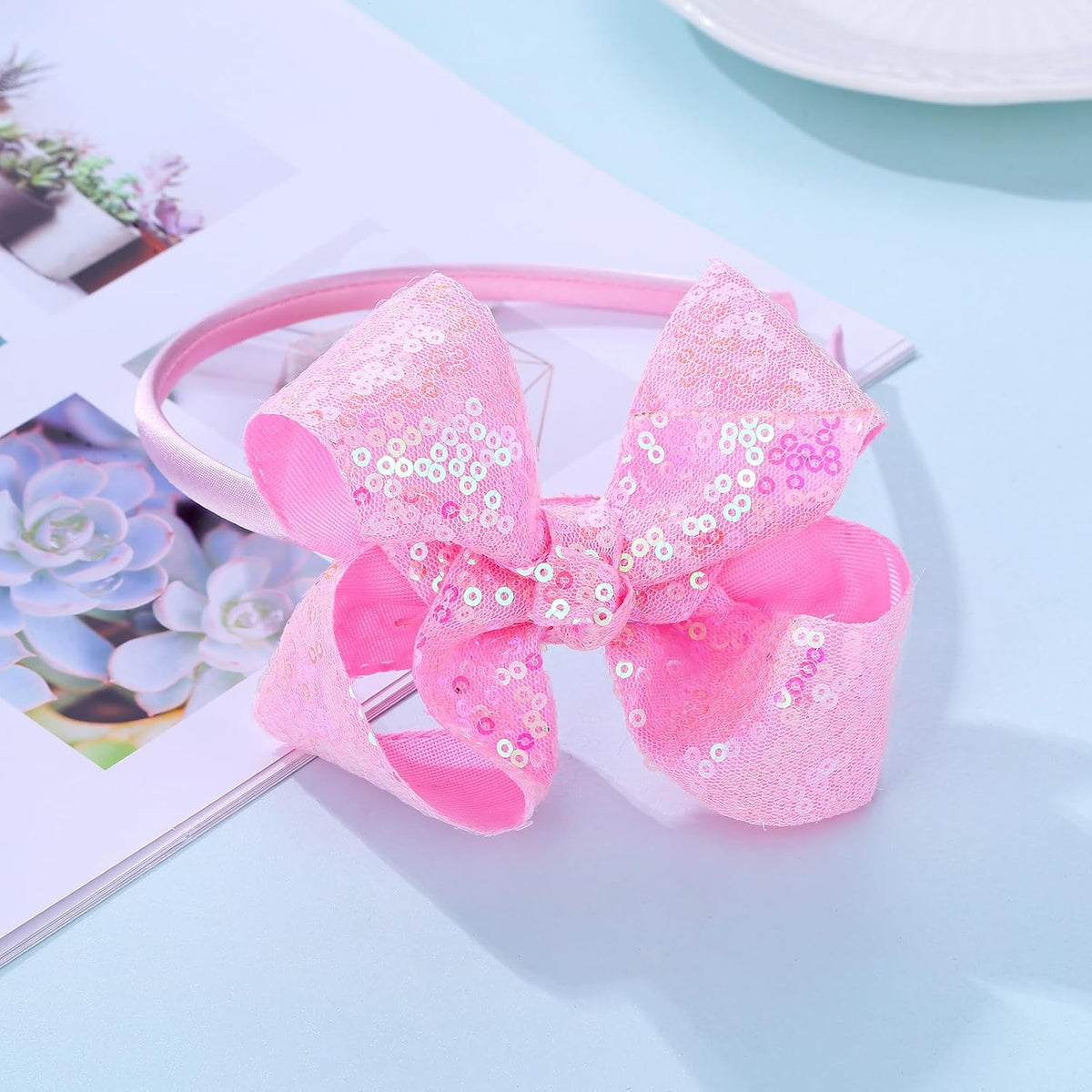 Sparkle Glitter Sequin Bow Headband for Children Girls- Boutique Style Hair Accessory with Bow Ribbon - 2 Piece (HotPink, Pink)
