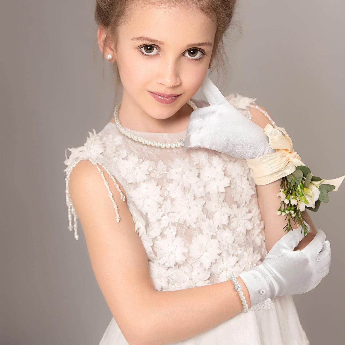 Geyoga 4 Pcs Pearl Necklace Set for Little Girls Toddler Girls Jewelry Communion Gloves for Kids Christmas Tea Party Wedding